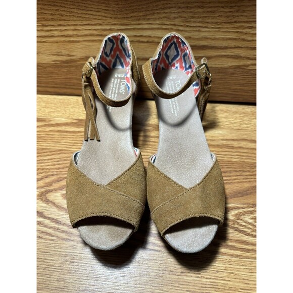 Toms Womens Brown Leather Comfort Tassels Wedge Heel Espadrille Sandal Size 8.5 - Picture 2 of 6